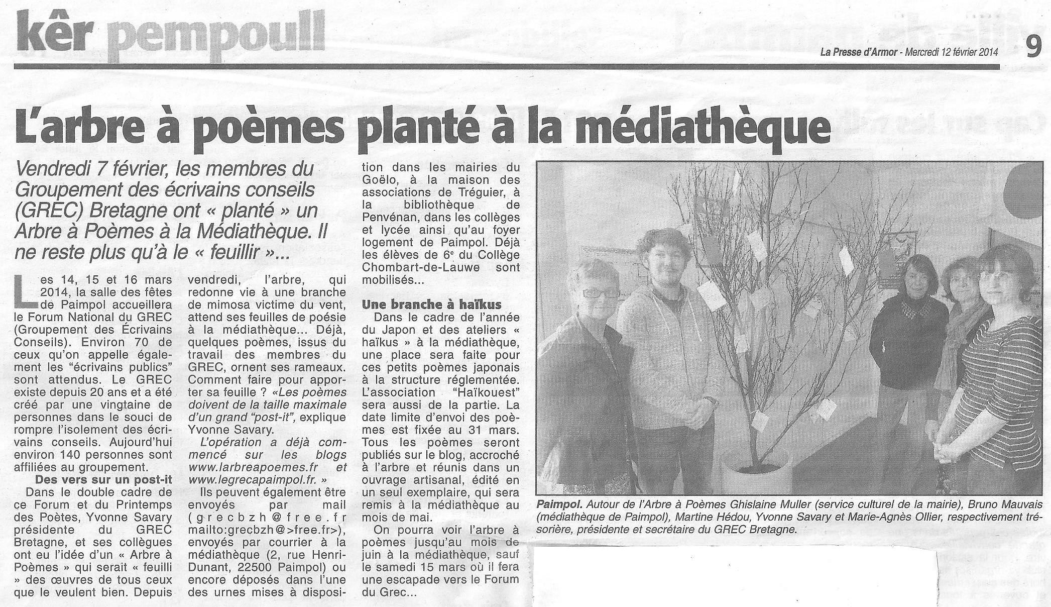 La Presse d'Armor, L'arbre à poèmes planté à la médiathèque (12 février 2014)